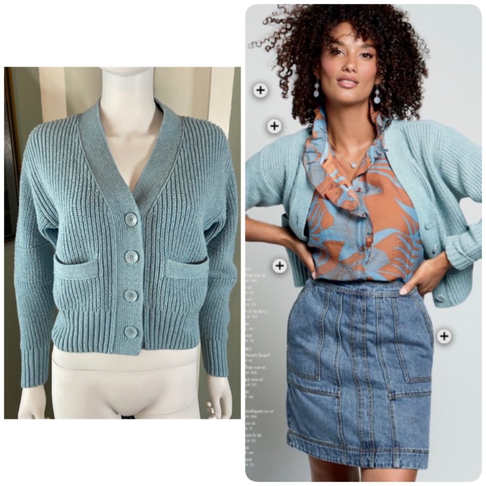 Cabi Light Blue Note Cardigan Sweater #6444 Cropped Crop Small S V-Neck